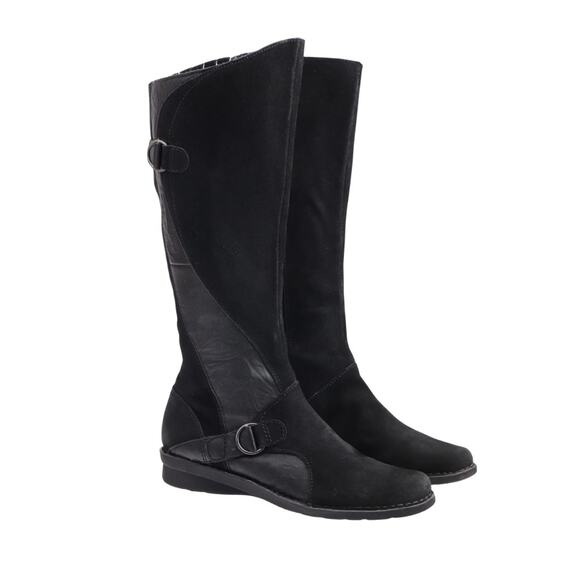 CLARKS Black Leather Knee High Riding Boots Wide Calf Buckle Detail Women’s 10W - Picture 1 of 12